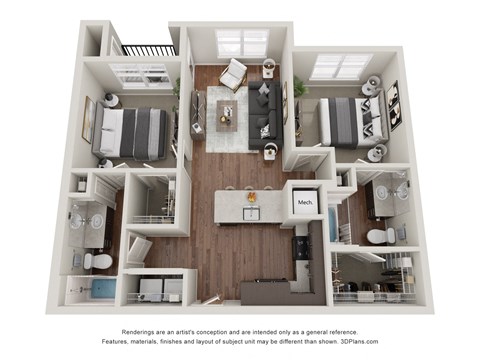 Floor plan for 2 beds, 2 baths, 935 sqft